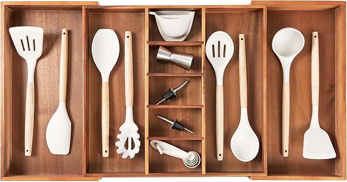 Utensil & Junk Drawer Organizer, 18.5-33 in, Acacia | Food-safe contract grade, 100% sustainable wood, non-slip, adjustable