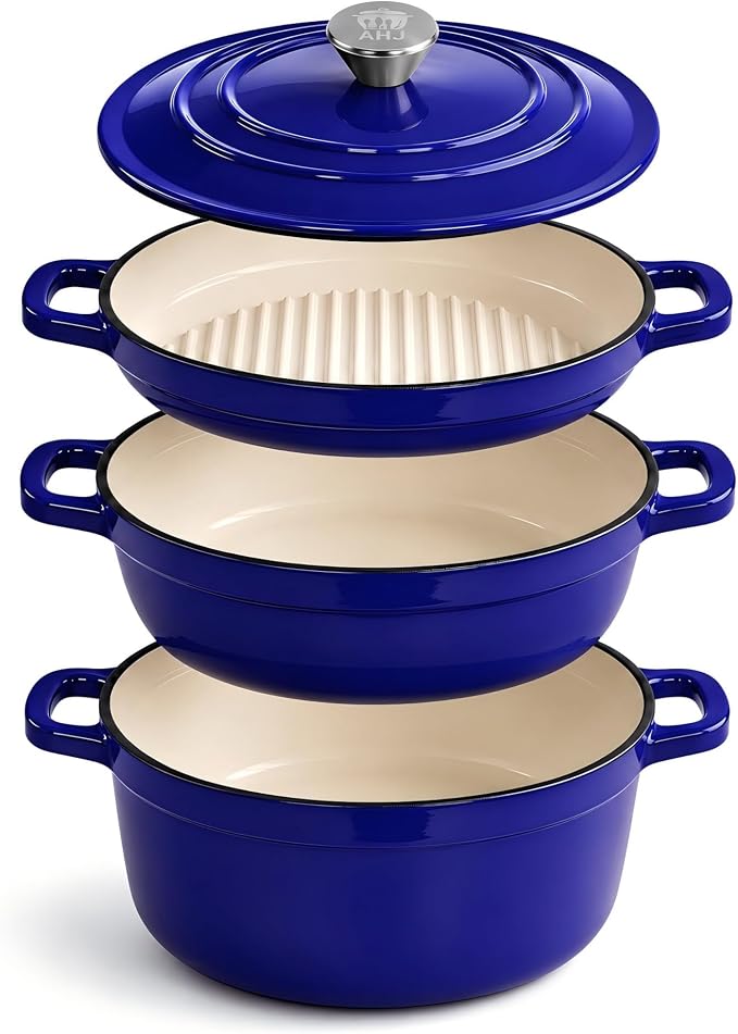 AHJ Cast Iron Dutch Oven Set - 4 Piece Nesting Enameled Cookware with Lid | 4.8Qt 2.6Qt 1.3Qt Enameled Cast Iron Cookware Set for Sourdough Bread Baking, Slow Cooking, Stews, Braising & Roasting, Blue