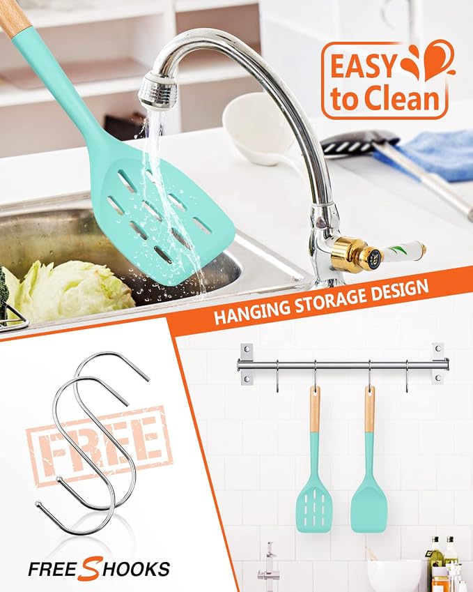 Silicone Spatula, Non Stick Turner for Cooking, Food Grade, Green | Heat Resistant, Flexible Edge, 2 Pack Wooden Handle Kitchen Turner for Baking Mixing Grilling Serving Food