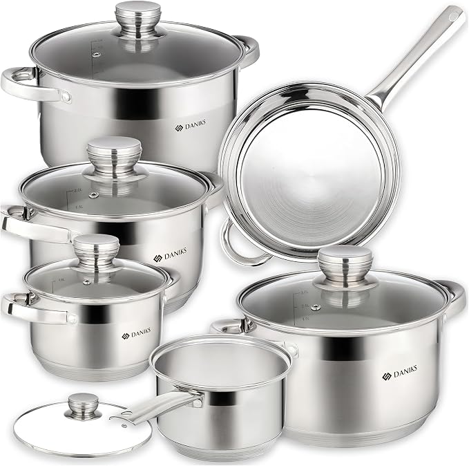 Daniks Standard 11-Piece Stainless Steel Cookware Set with Glass Lids, Includes Saucepan with Lid and Frying Pan, Tri-Ply Bases for Even Heating, Induction Compatible, Dishwasher Safe, Silver