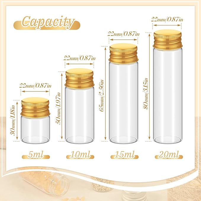 Didaey 100 Pcs Small Clear Vials Spice Mini Jars with Lids Mini Glass Bottles with Screw Aluminum Metal Caps Tiny Jars Sample Containers for Powder Cream Cosmetic Jewelry Wedding (4 Size,Gold Caps)