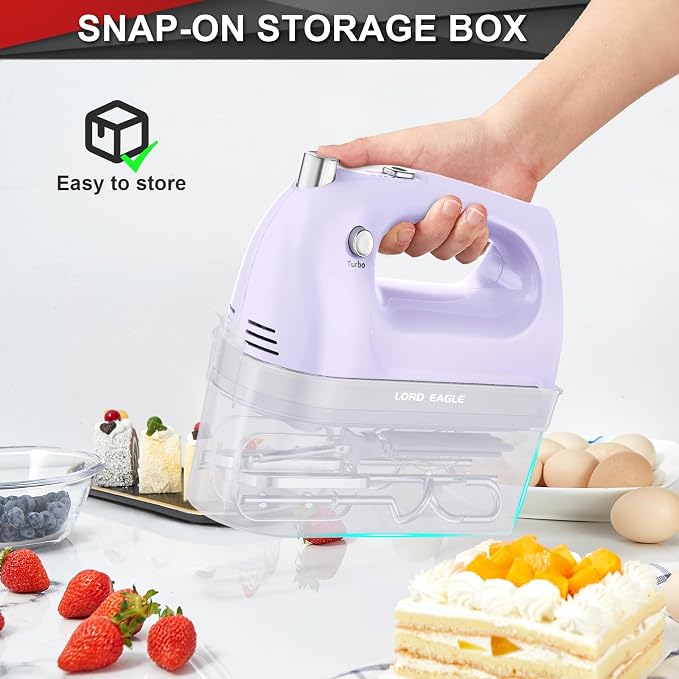 Lord Eagle Hand Mixer Electric Handheld 400W, 5-Speed Lightweight, Purple | Kitchen Mixer with Storage Case, 5 Stainless Steel Attachments for Baking Cake Egg Cream Food Beater, Turbo+Eject Button