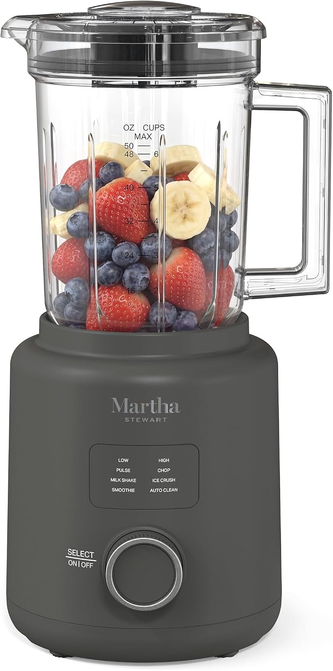 Martha Stewart 50oz Countertop Blender, 3 Speeds, 5 Presets, Caviar Gray | BPA-Free Pitcher, Smoothies, Margaritas, Milkshakes & Ice Crushing, Stainless Steel Blades, Auto-Clean, Dishwasher-Safe Parts