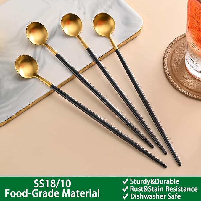 DEHOV 4 PCs 9 Inches Brush Gold Stainless Steel 304 Iced Tea Spoons With Black Handle,Long Handle Coffee Stirring Spoon,SS18/10 Long Latte Spoons Set