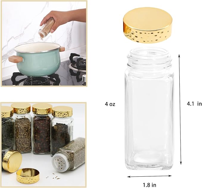 Tianifa 6pcs Gold Spice Jars, 4 oz Glass Seasoning Bottles, Spices Container, Empty Spice Jars, Square Spice Bottles with Airtight Plastic Caps with Shaker Lids