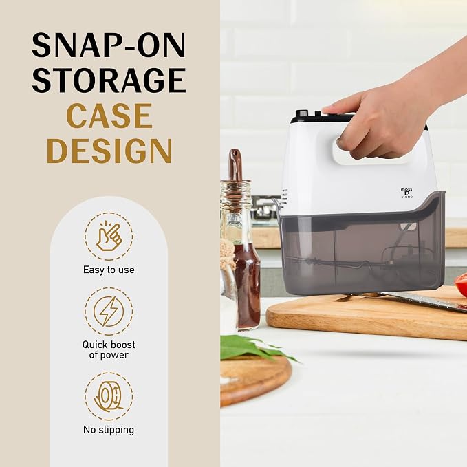 Moss & Stone White Hand Mixer With Snap-On Storage Case, 6 Speed Hand Mixer Electric, 250w Power handheld Mixer for Baking Cake Egg Cream Food Beater, & 4 Stainless Steel Accessories