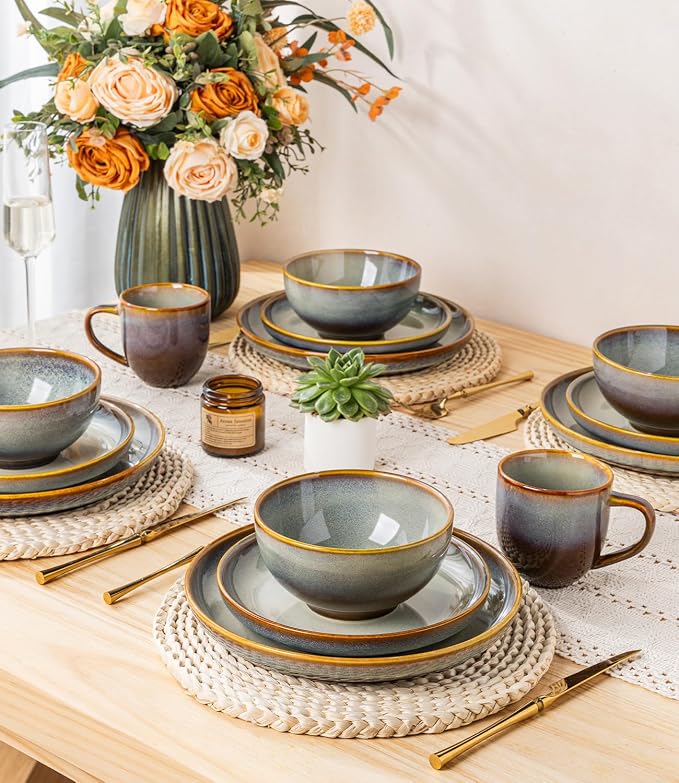 Ceramic Dinnerware Set for 4, 12-Piece Plates and Bowls Set | Handmade Reactive Glaze Dish Set, Scratch Resistant, Oven & Microwave & Dishwasher Safe, Dusk Blue