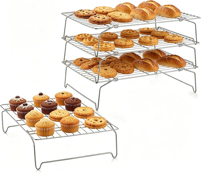 LIANYU Cooling Rack 15"x10", 4-Tier Stackable & Collapsible Cooling Racks | Stainless Steel Wire Baking Racks Fits Jelly Roll Pan, Great for Cooking, Baking, Roasting, Grilling, Oven & Dishwasher Safe