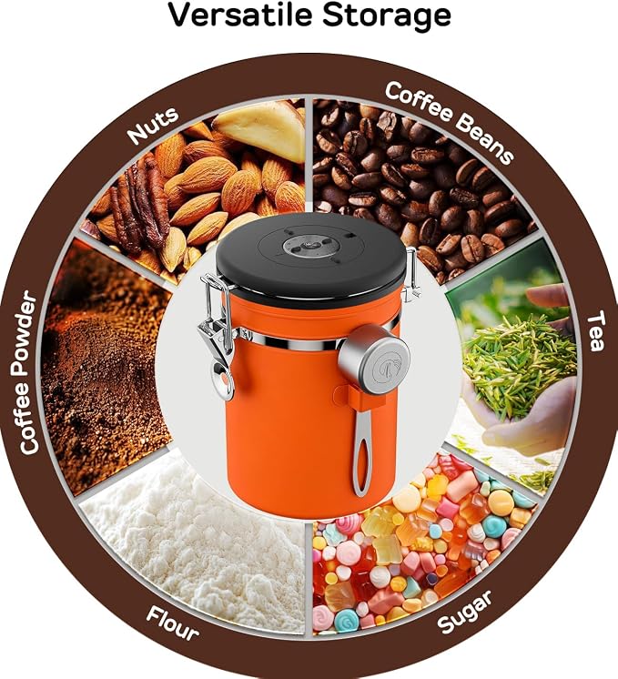 Coffee Gator Coffee Canister, 16oz Airtight Stainless Steel Kitchen Food Storage Container with Date Tracker, Scoop for Sugar,Grounds Coffee, Beans,Tea, Sugar, Cereal, Flour, Cookies Jars - Orange