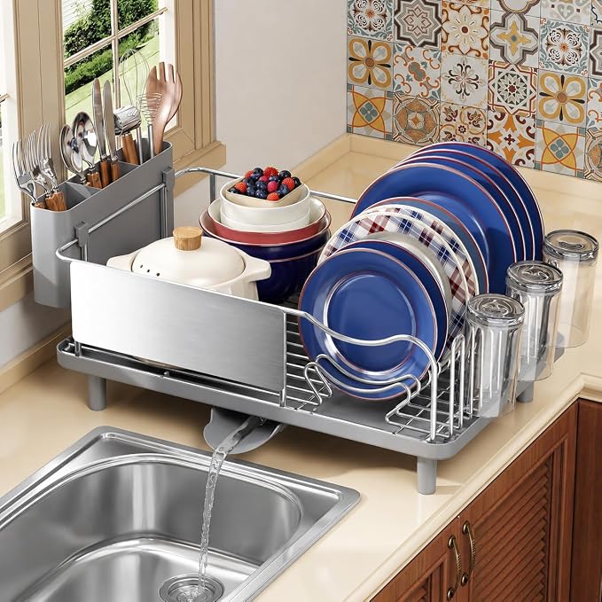 KINGRACK Stainless Steel Dish Drying Rack with Cup Holder for Counter, Grey | 16.9"L x 12.4" W Dish Rack with Spacious Drying Capacity, Quick Auto Dish Drainer for Plate Dish Dinnerware，Sliver
