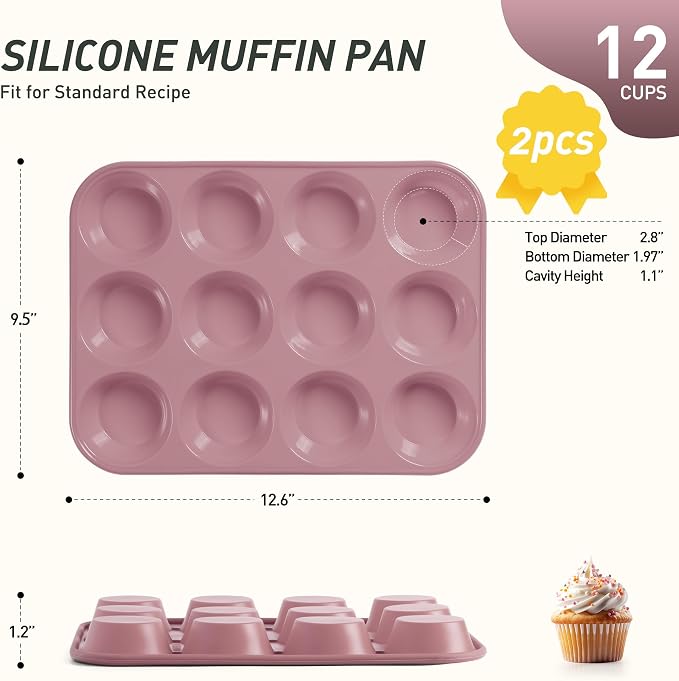 2 Pack 12 Cups Muffin Pan with Metal Reinforced Frame Regular Size Silicone Molds Cupcake Cake Baking Pans Cookie Baking Chocoflan Cupcake Mold Silicone Egg Bite Molds Baking Items Stuff