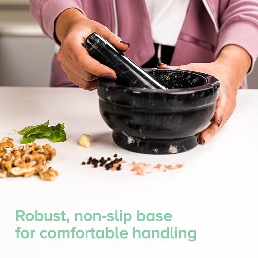 Pestle and Mortar - Solid Black Marble Herbs & Spice Grinder - Natural Stone Mortar and Pestle Set to Cook Like a Chef - Smooth Polished Outside for Comfortable Grip