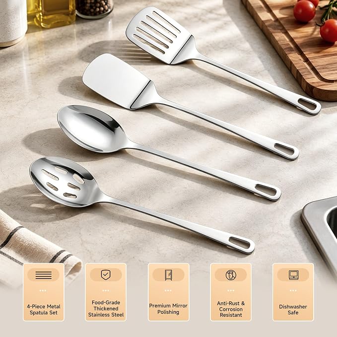 Cooking Utensils Set, 4PCS Stainless Steel Spatula, Dishwasher Safe | Metal Kitchen Utensils Set, Heat Resistant Solid & Slotted Turner, Serving & Slotted Spoons for Flipping Fish, Eggs, Pancakes