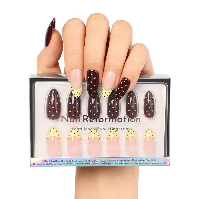 Nail Reformation Press On Nails, Polka Dot French Tip Medium Almond 30 Pcs | 15 Sizes Fake Nails in Chocolate Cream Nude with Glossy Finish, Reusable Stick On False Nail Kit, Manicure Gifts for Women