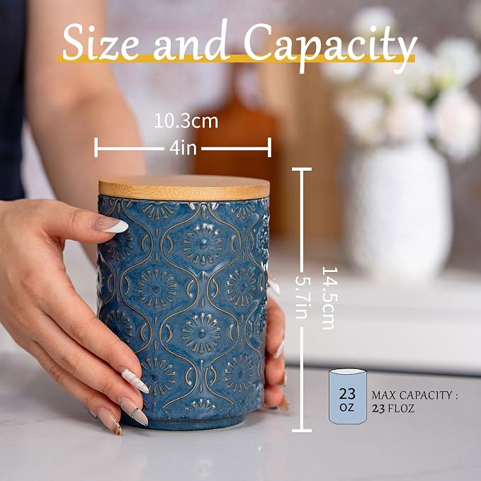 TEATALK Embossed Ceramic Canister, Stylish Airtight Storage for Kitchen, Coffee, Tea, Sugar, 23 Fl Oz, Darkblue