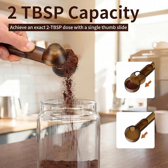 Coffee Scoop with Funnel for Reusable K Cup, 2 TBSP Measuring Spoon | Mess-Free Funnel Design, Sliding Leveler for Precise 2 TBSP, Long Handle for Coffee, Protein Powder & Tea (1-Pack)