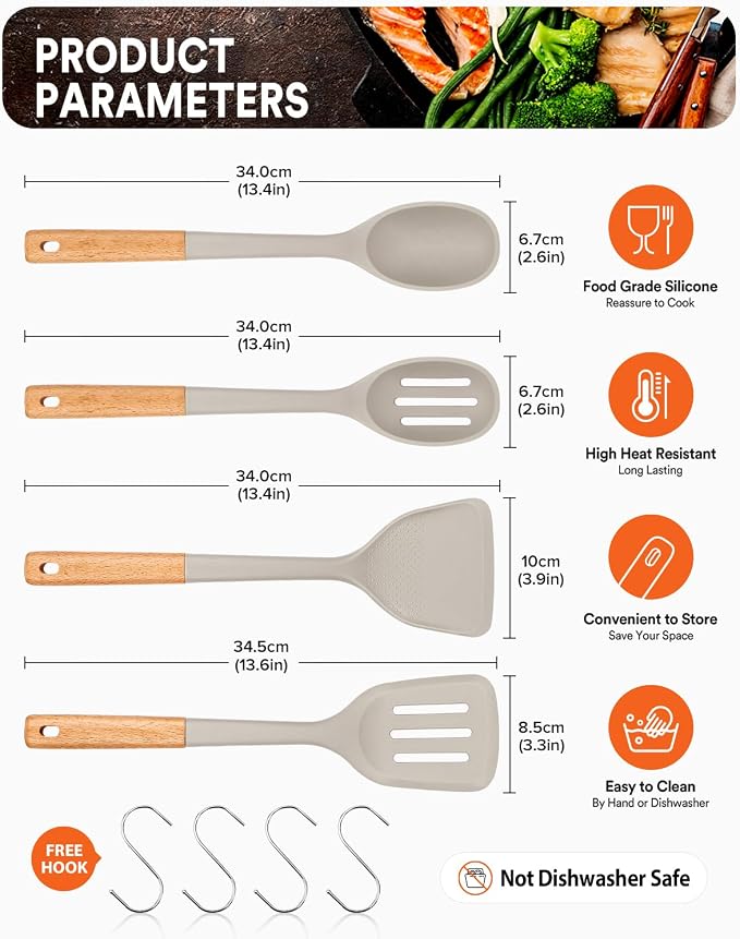Silicone Cooking Utensils Set, Safe for Nonstick Cookwares, Khaki | Perfectly Angled for Frying, Mixing,Serving,Draining,Turning and Stirring, BPA-Free Matte Silicone, Wood Handles,4 Pack