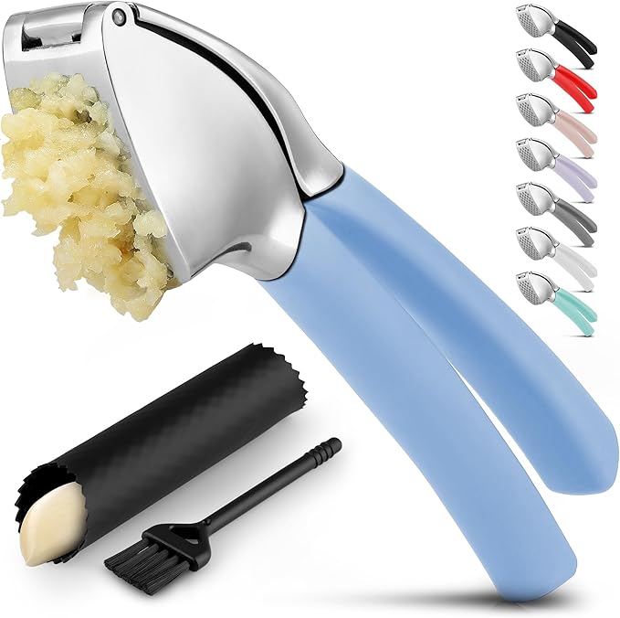 Zulay Kitchen Metal Comfort Grip Garlic Press | Garlic Mincer Tool - Garlic Crusher - Rust Proof Garlic Press, Ergonomic Handle, Easy Clean with Peeler and Brush - Baby Blue