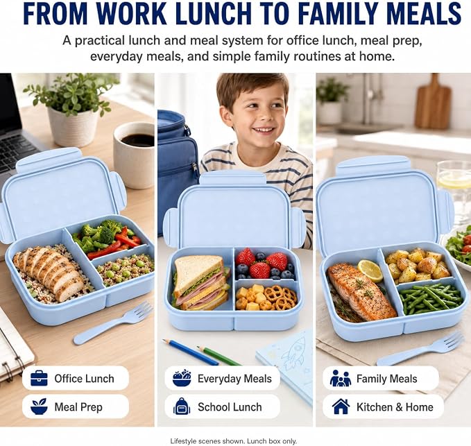 MISS BIG® Kids Bento Lunch Box, 1150ml 3 Compartments, Blue | Blue kids bento lunch box for school, daycare, and snack time