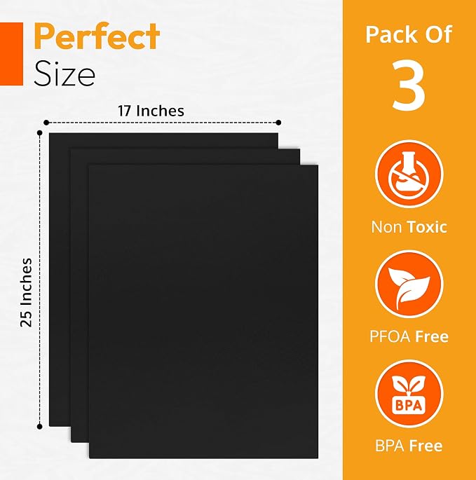 Oven Liners for Bottom of Oven -17"x 25" Large Heavy Duty Non-Stick 3 Pack | Resistant to 500°F, BPA & PFOA Free, Reusable, Fits Electric, Gas, Toaster, Microwave Ovens & Grills, Spill Guard, Black