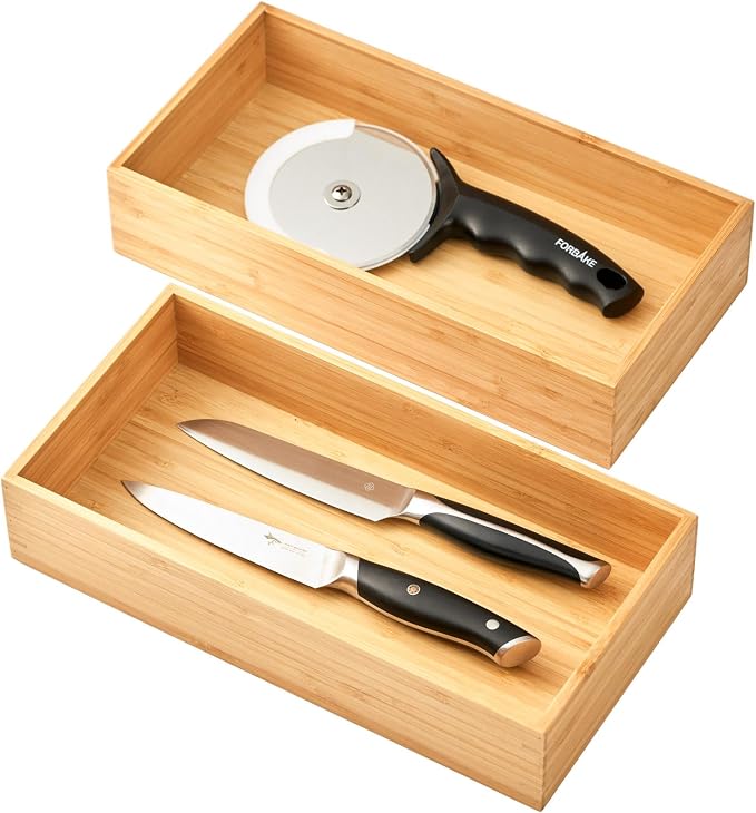 Bamboo Kitchen Utensils Organizer, Extra High Silverware Drawer Holder, Flatware Cutlery Storage Box, Multi-Use Drawer Divider in Office, Bathroom, Pantry - 12"x6"x2.5" (Set of 2)