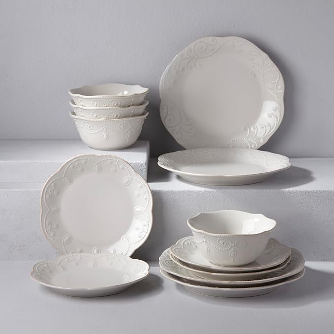 Lenox French Perle White Stoneware Dinnerware Set with All-Purpose Bowls | dishwasher safe, microwave safe | plates and bowls sets for kitchen and dining, dish set, dishes | 20oz