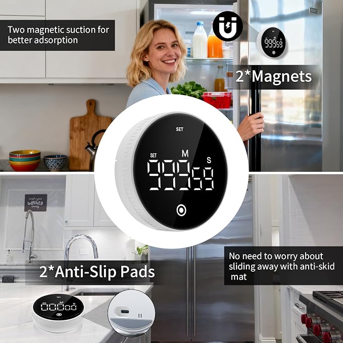 Digital Kitchen Timer, Magnetic Visual Countdown Countup Timer with Large LED Display, Adjustable Volume, Easy for Seniors and Kids, for Cooking, Classroom, Fitness, Study (White)