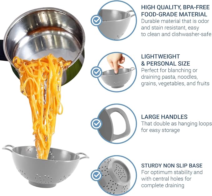 Meadow Lane 6-Inch Small Colander, 3-Cup Food Strainer, Silver Gray | BPA-free, dishwasher-safe mini colander has a wide, shallow bowl, 1/8-inch holes, two handles, ring foot and smooth edges.