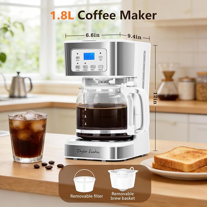 Taylor Swoden 12-Cup Programmable Coffee Maker, White & Stainless Steel | Regular & Strong Brew Drip Coffee Machine for Home and Office, Glass Carafe, Pause & Serve, Auto Shut Off