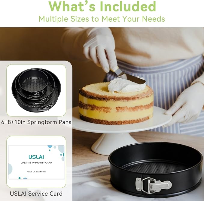 USLAl 6+8+10 Inch Springform Pan, Nonstick | Removable Bottom for Easy Release & Cleanup, Round Cheesecake Pan for Baking Cakes, Pies and Quiches