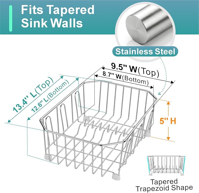 Mini in Sink Dish Drying Rack - Stainless Steel for RV Kitchen | Small Design for Apartments, Angled Corners Fit Square & Round Sinks, Utensil Holder, Cup Hooks, Save Space, 9.5" W x 13.4" L