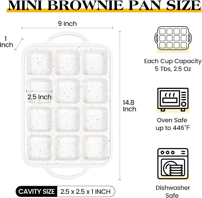 Mini Individual Square Brownie Pan with Dividers, Cream | 2 Pcs, Metal Reinforced Frame, Silicone Nonstick, 12 Cup , Muffin Cupcake Pans