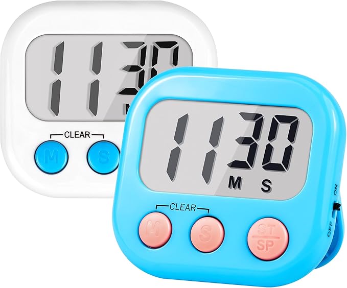 Timer for Kids Digital Kitchen Timers for Cooking- 2 Pack Blue White | Countdown Timer for Classroom Study Exercise Teacher Supplies, Strong Magnetic, Loud Alarm, Large Screen, Fast Reset, Memory
