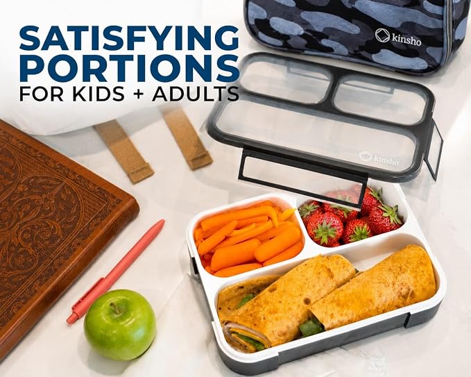 kinsho Bento Box Lunch Boxes for Kids Adults, Meal and Snack Containers School Work Travel, 4 Divided Portion Control Compartments, Japanese Style, BPA Free, Utentils Included (Grey + Black, 2 Pack)