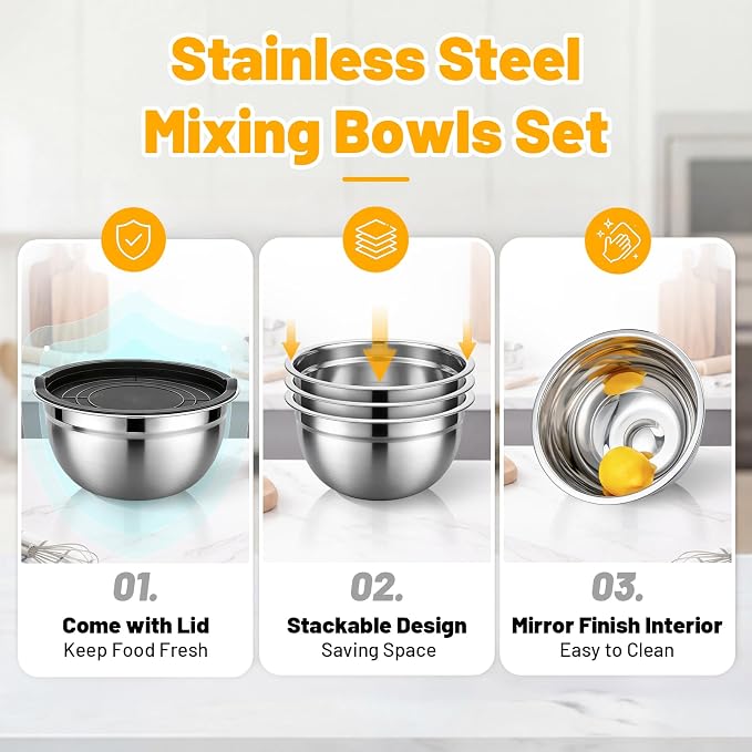 Beasea Mixing Bowls with Lids Set of 3, 1.5 QT Stackable Stainless Steel Mixing Bowls with Black Lids for Baking, Metal Nesting Bowl for Kitchen, Meal Prepping, Cooking and Serving