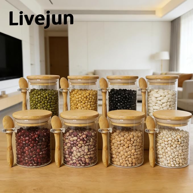 7.6 oz Airtight MiniGlass Jars Set of 8 with Bamboo Lids and Spoons | Spice Jars Small Food Storage Containers for Kitchen, Bathroom, Home Decor. One Can, One Bamboo Spoon, Reuse, Clean and Tidy