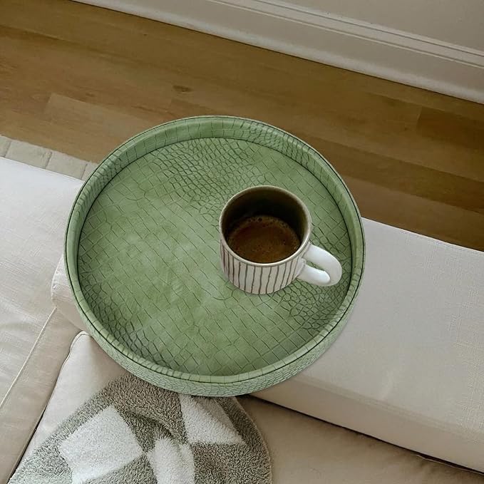 HofferRuffer Faux Leather Round Serving Tray, Vegan Croco Leather Decorative Food Tray for Storage Drinks, Snack & Cosmetics, Dia.12'' x 1.6'' (Light Green)