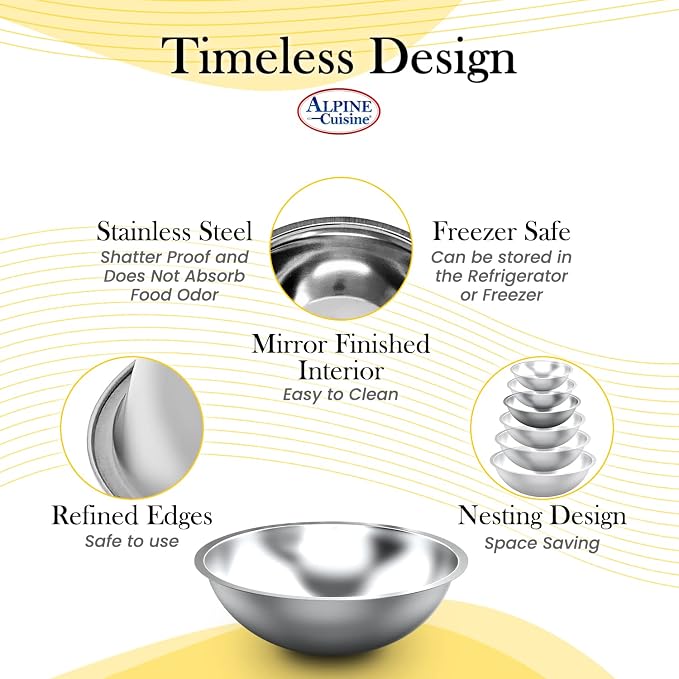 Alpine Cuisine 3-Quart Stainless Steel Kitchen Mixing Bowls, Salad Bowls Heavy Duty Deeper Edge, Dishwasher Safe Storage Bowls, Premium Polished Mirror Prep Bowls for Cooking & Serving