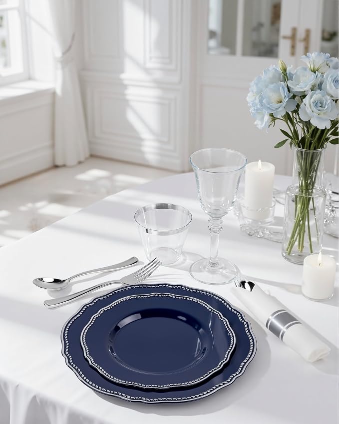 350 Pcs Blue Silver Plastic Plates Wedding & Party | Silver Plastic Dinnerware Set Includes 50 Dinner Plates, 50 Dessert Dinnerware, 50 Cups, 50 Napkins