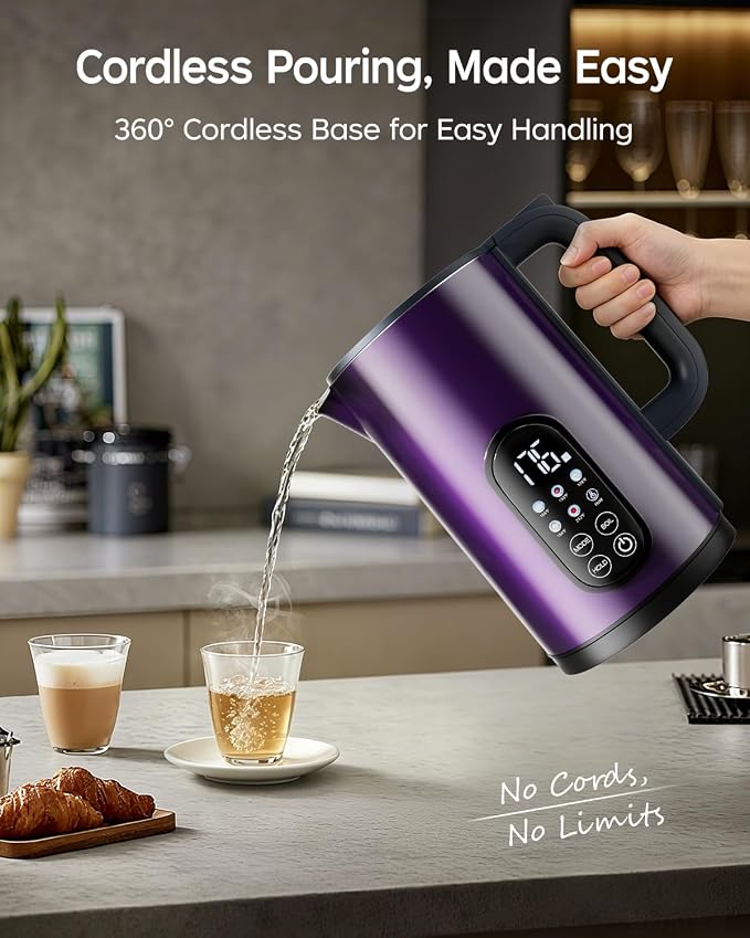 1.7L Stainless Steel Electric Kettle with Temperature Control – Purple | 5 Preset Temperatures for Tea & Boiling Water, 2H Keep Warm, 1200W BOIL Mode, 304 Stainless Steel Interior, Cordless Base
