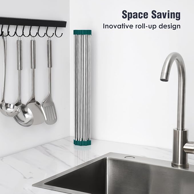 Tomorotec Roll Up Dish Drying Rack Over Sink,304 Steel,17.7x12.5,DarkGreen | Anti-Slip Silicone Rims For Grip, Heat-Resistant Trivet Mat Holding Heavy Cookware, Rustproof Kitchen Counter Space Saver
