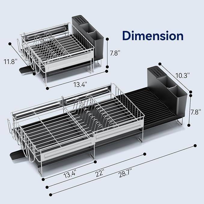 Stainless Steel Dish Drying Rack - Expandable Dish Racks for Kitchen Counter Organizer with Drain Board, Detachable Utensil & Cup Holder, Dish Drainer for Small Kitchen Counter, Black