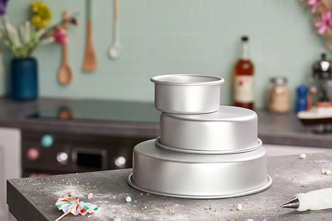 Wilton Aluminum Round Cake Pan Set, Tiered Cakes, 3-Piece | Natural Anodized Aluminum Bakeware, Even Heating & Rust-Resistant, Set of 3 Sizes, Perfect for Tiered Wedding & Layer Cakes