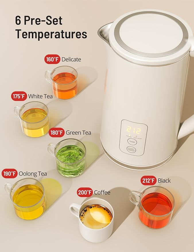 Electric Tea Kettle 1.7L Larger Design Temperature Control Electric Kettle | 4H Keep Warm Water Boiler with 6 Presets, LED Screen Electric Kettles for Boiling Water, Boil-Dry Protection, BPA Free