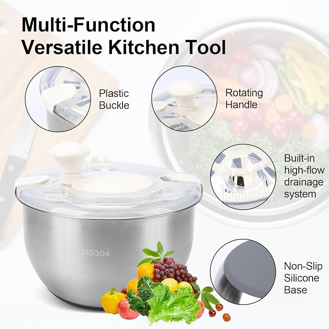 Stainless Steel Salad Spinner, Lettuce Spinner with Drain, fruit washer 6 QT with PP Cover Non-Slip Base, 3-in-1 Vegetable Wash Bowl for Dehydrating Lettuce, Fruits and Vegetables, Pasta
