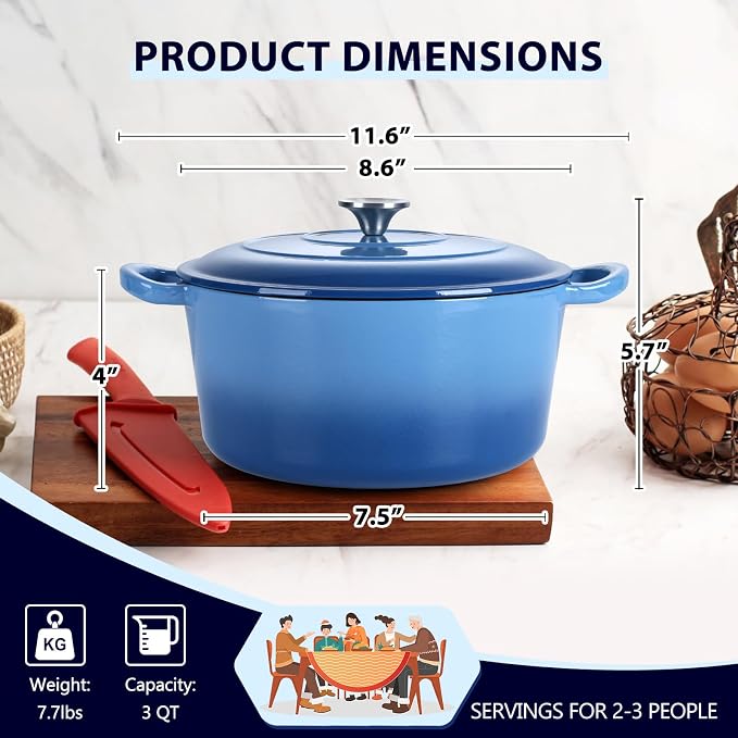 3 Qt Enameled Cast Iron Dutch Oven with Lid, E-far Small Round Nonstick Dutch Oven Pot for Bread Baking Braising Stews Roasting Cooking, Heavy Duty, Induction & Oven Safe - Blue