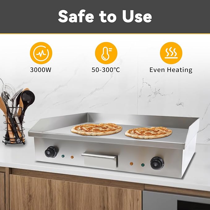 29 Inch Commercial Electric Griddle, 110V 3000W Double Control Electric Griddle Cooktop Flat Top Grill Stainless Steel Non-Stick Griddle Grill Temperature Adjustable 50-300℃ BBQ for Kitchen(NO PLUG)