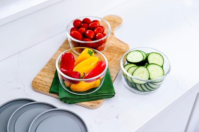 6-Piece Glass Food Storage Containers Set (3 Containers + 3 BPA-Free Lids) | 2-Cup, Leakproof | Microwave, Freezer, Oven & Dishwasher Safe | Ideal for Meal Prep & Pantry Organization, Grey