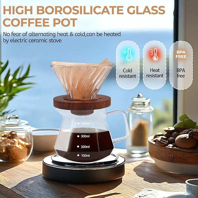 Pour Over Coffee Maker 400ml Borosilicate Glass Drip | Coffeemaker Server Set with 50pcs V60 Cone Paper Filters Walnut Collar Glass Lid Clear Hand Brew Dripper Carafe 13.5oz