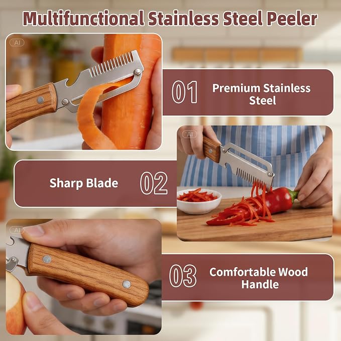 Julienne Peeler Vegetable Peeler for Veggie Potato Carrot(2 Pack) | Multifunctional Cabbage Shredder | 3 in 1 Peeler and Julienne Shredder Tool | Wooden Handle | Bottle Opener
